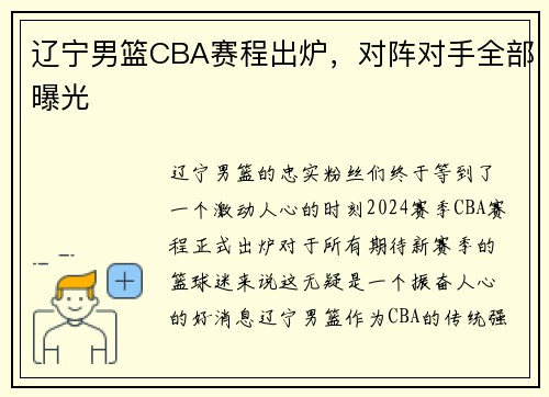 辽宁男篮CBA赛程出炉，对阵对手全部曝光