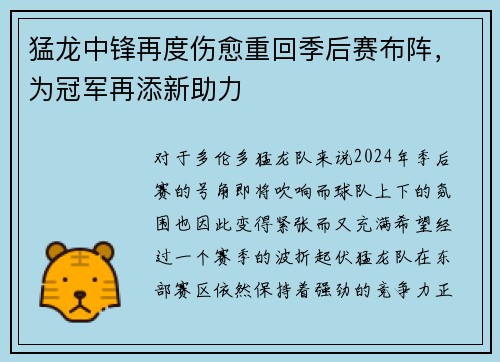 猛龙中锋再度伤愈重回季后赛布阵，为冠军再添新助力